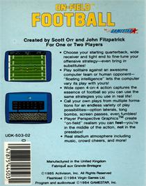 Box back cover for On Field Football on the Commodore 64.