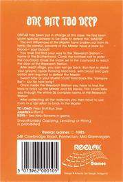 Box back cover for One Bite Too Deep on the Commodore 64.