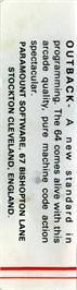 Box back cover for Outback on the Commodore 64.