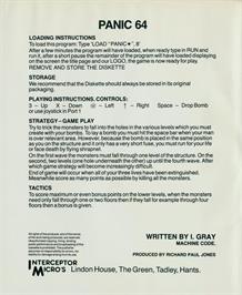 Box back cover for Panic 64 on the Commodore 64.