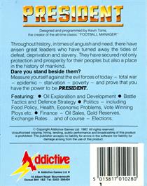 Box back cover for President on the Commodore 64.
