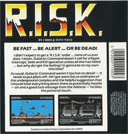 Box back cover for R.i.s.k. - Rapid Intercept Seek And Kill on the Commodore 64.