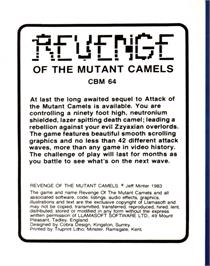 Box back cover for Revenge of the Mutant Camels on the Commodore 64.