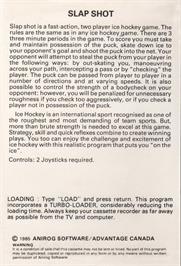 Box back cover for SLAP-SHOT! Hockey on the Commodore 64.