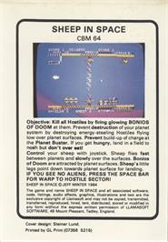 Box back cover for Sheep In Space on the Commodore 64.