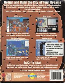 Box back cover for SimCity on the Commodore 64.