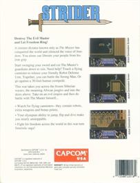 Box back cover for Strider on the Commodore 64.