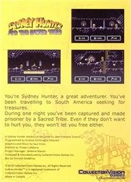 Box back cover for Sydney Hunter And The Sacred Tribe on the Commodore 64.