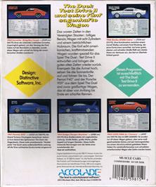 Box back cover for Test Drive II Car Disk: Musclecars on the Commodore 64.