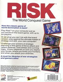 Box back cover for The Computer Edition of Risk: The World Conquest Game on the Commodore 64.
