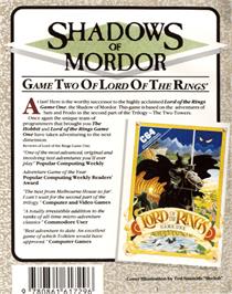 Box back cover for The Shadows of Mordor on the Commodore 64.