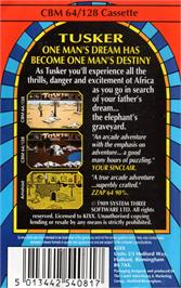Box back cover for Tusker on the Commodore 64.