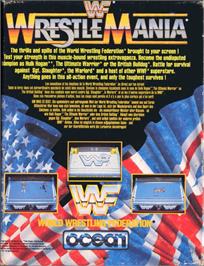 Box back cover for WWF Wrestlemania on the Commodore 64.