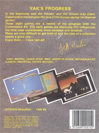 Box back cover for Yak's Progress on the Commodore 64.