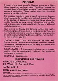 Box back cover for Zodiac (Incentive Software) on the Commodore 64.