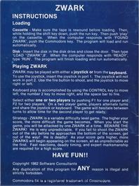 Box back cover for Zwark on the Commodore 64.