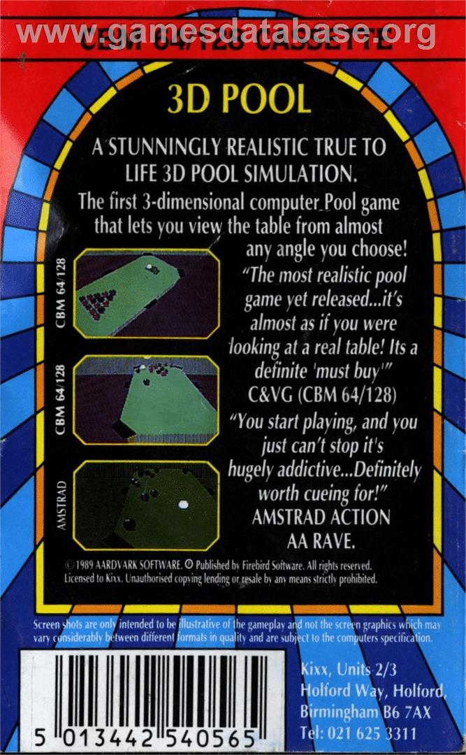 3D Pool - Commodore 64 - Artwork - Box Back