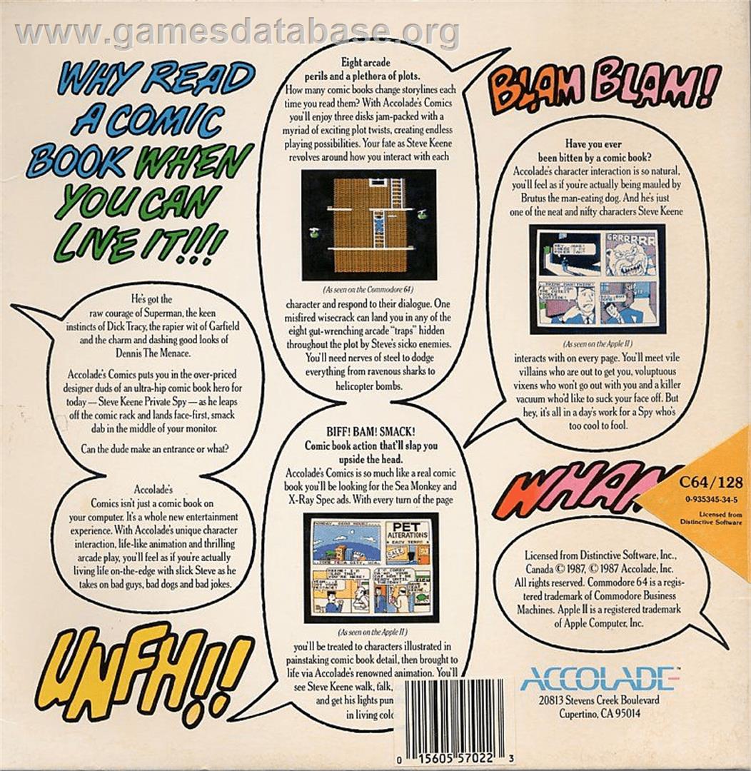 Accolade Comics: Steve Keene, Private Spy - Commodore 64 - Artwork - Box Back
