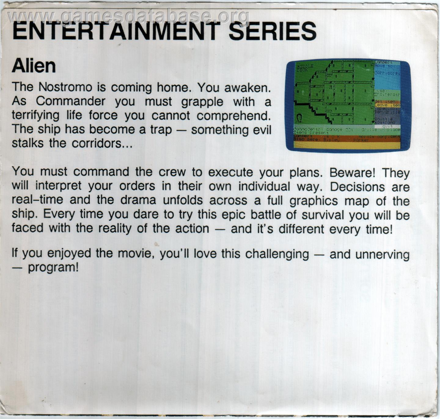 Alien (SoftGold) - Commodore 64 - Artwork - Box Back