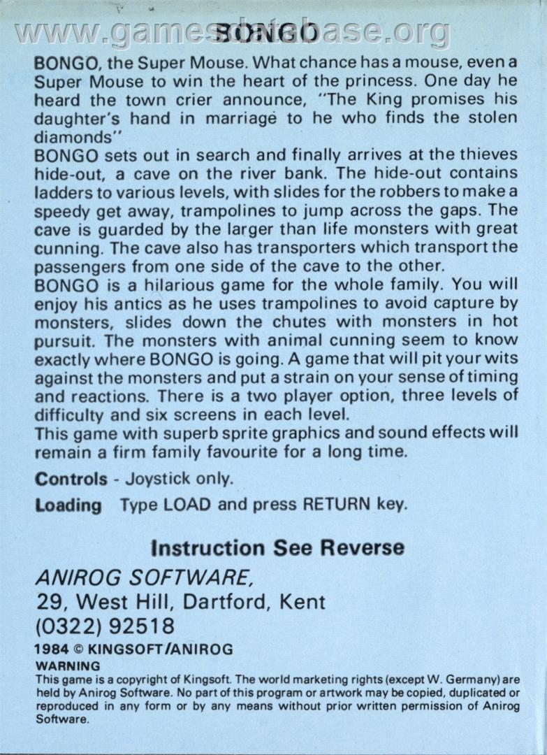 Bongo - Commodore 64 - Artwork - Box Back