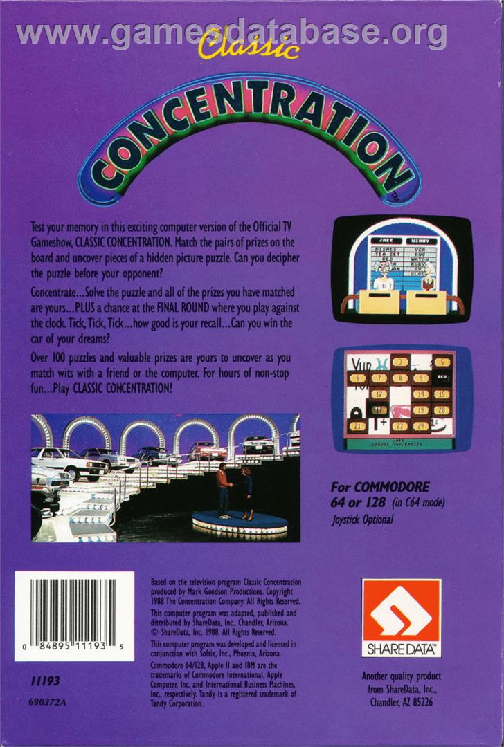 Classic Concentration - Commodore 64 - Artwork - Box Back
