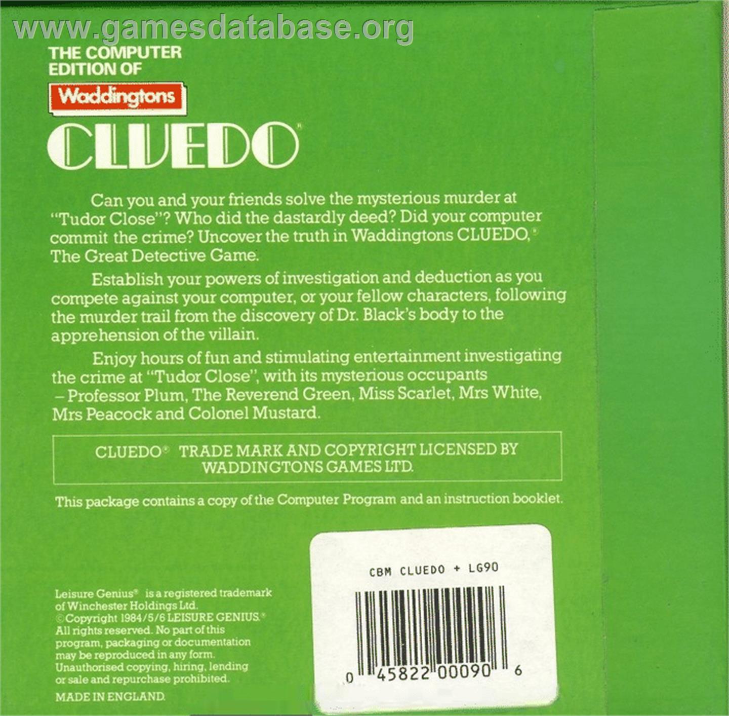 Cluedo - Commodore 64 - Artwork - Box Back