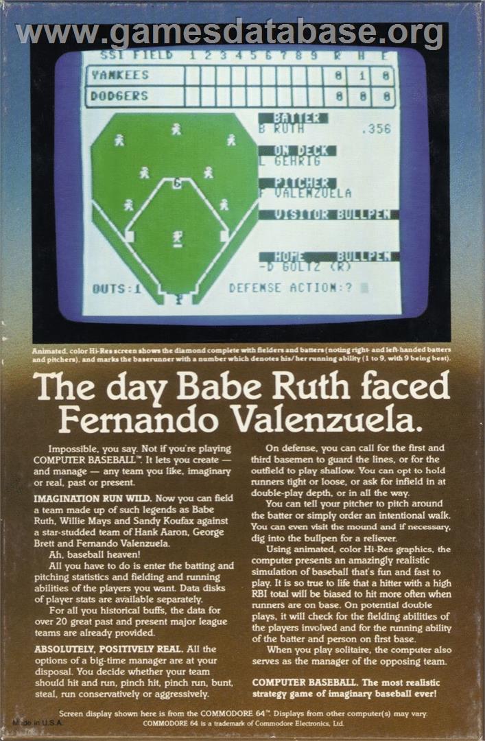 Computer Baseball - Commodore 64 - Artwork - Box Back