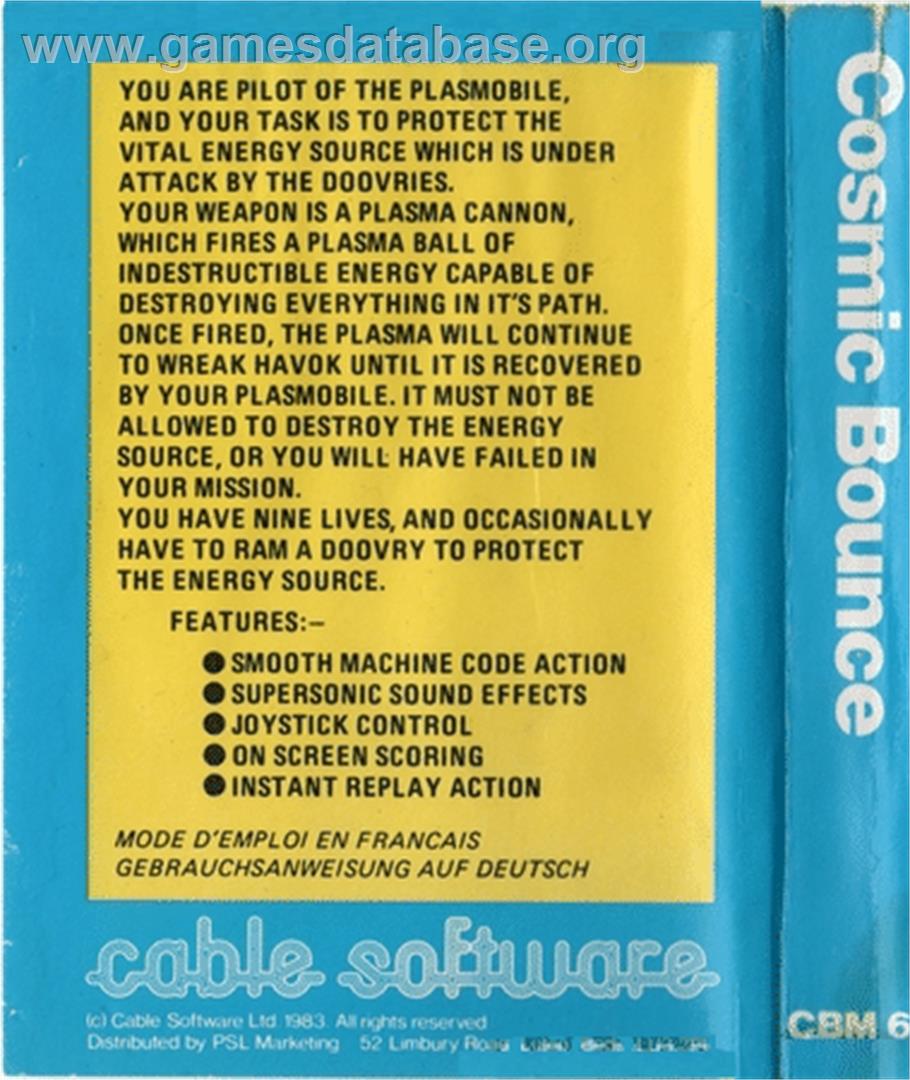 Cosmic Bounce - Commodore 64 - Artwork - Box Back