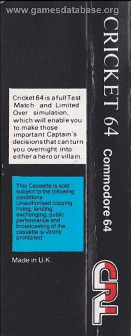 Cricket 64 - Commodore 64 - Artwork - Box Back
