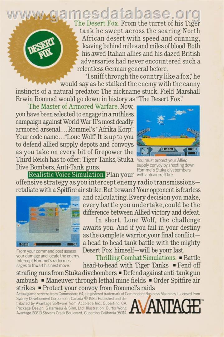 Desert Fox - Commodore 64 - Artwork - Box Back