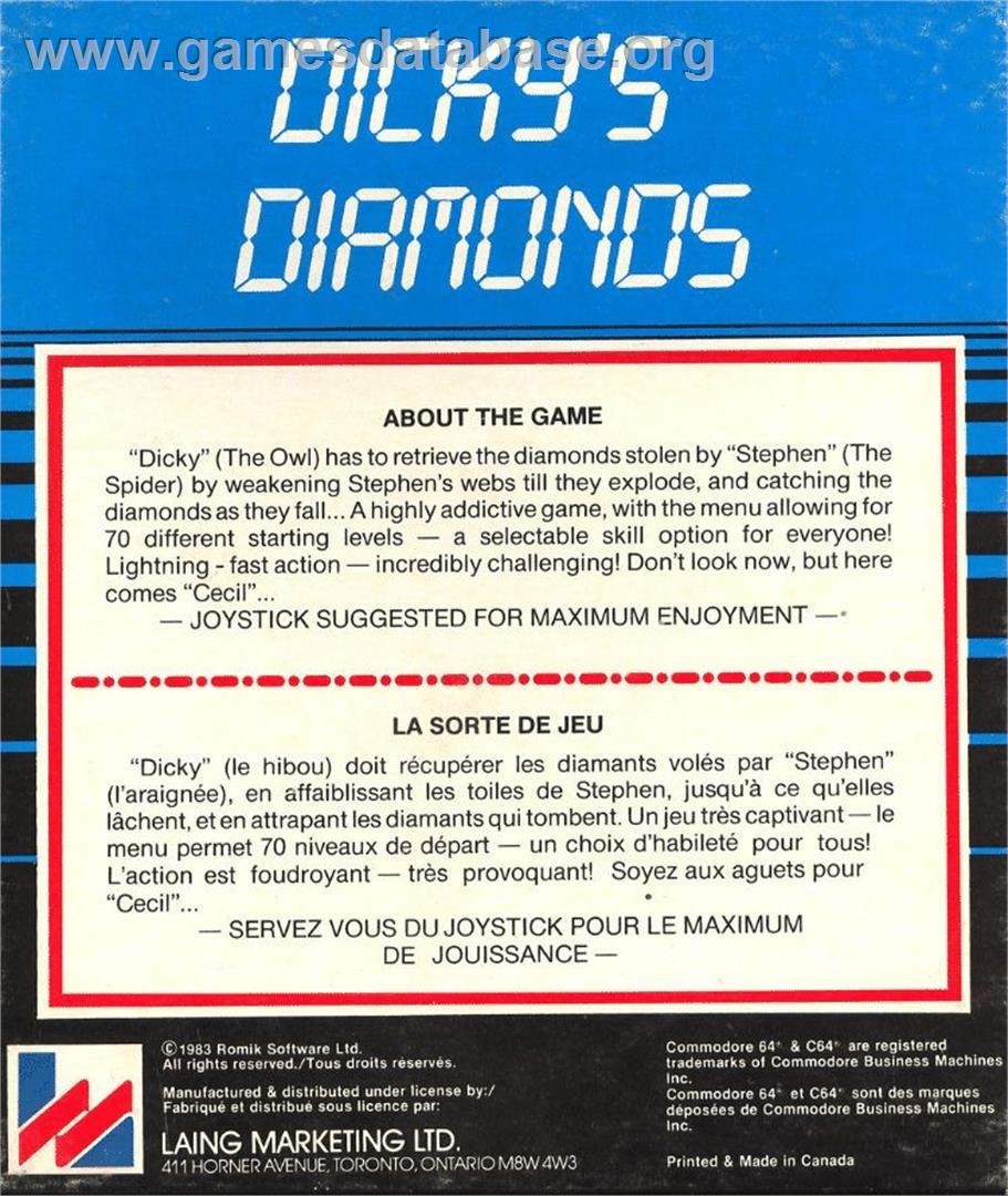 Dicky's Diamonds - Commodore 64 - Artwork - Box Back