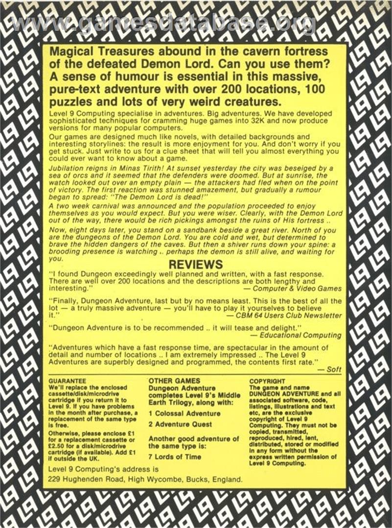 Dungeon Adventure - Commodore 64 - Artwork - Box Back