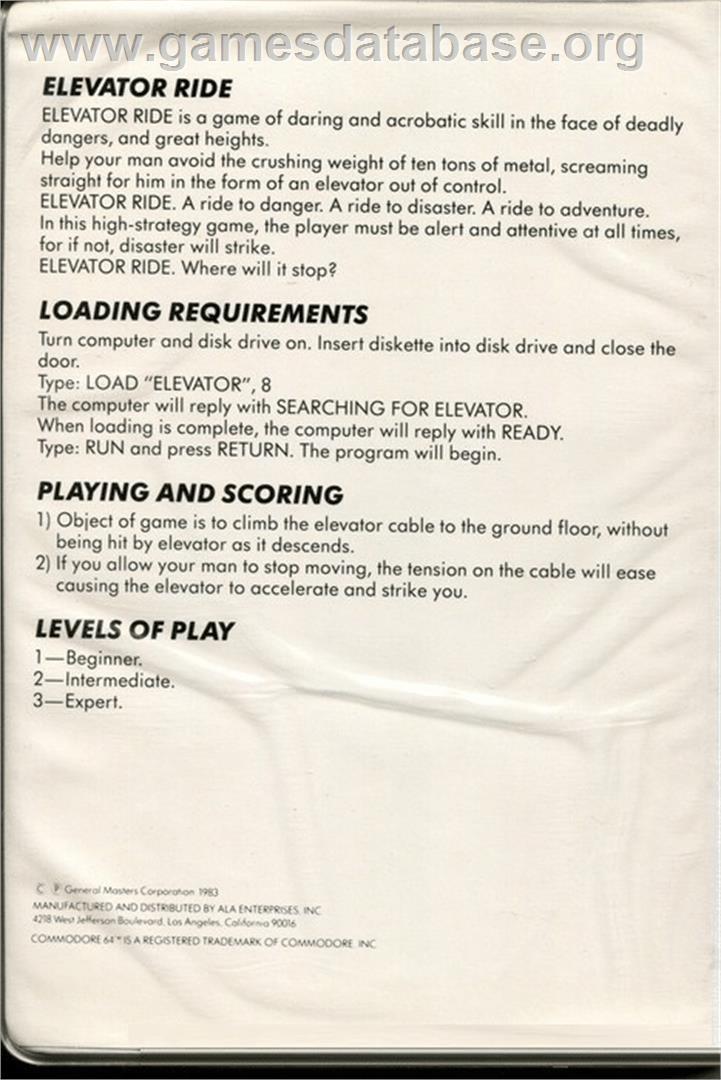 Elevator Ride - Commodore 64 - Artwork - Box Back