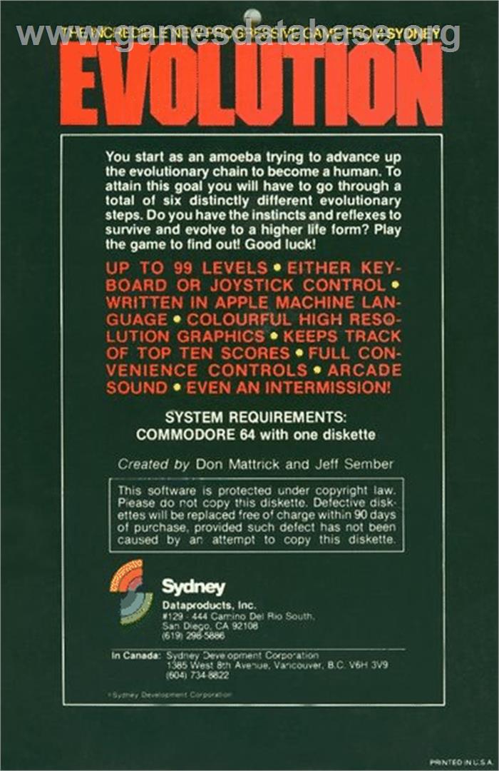 Evolution (Sydney Development) - Commodore 64 - Artwork - Box Back