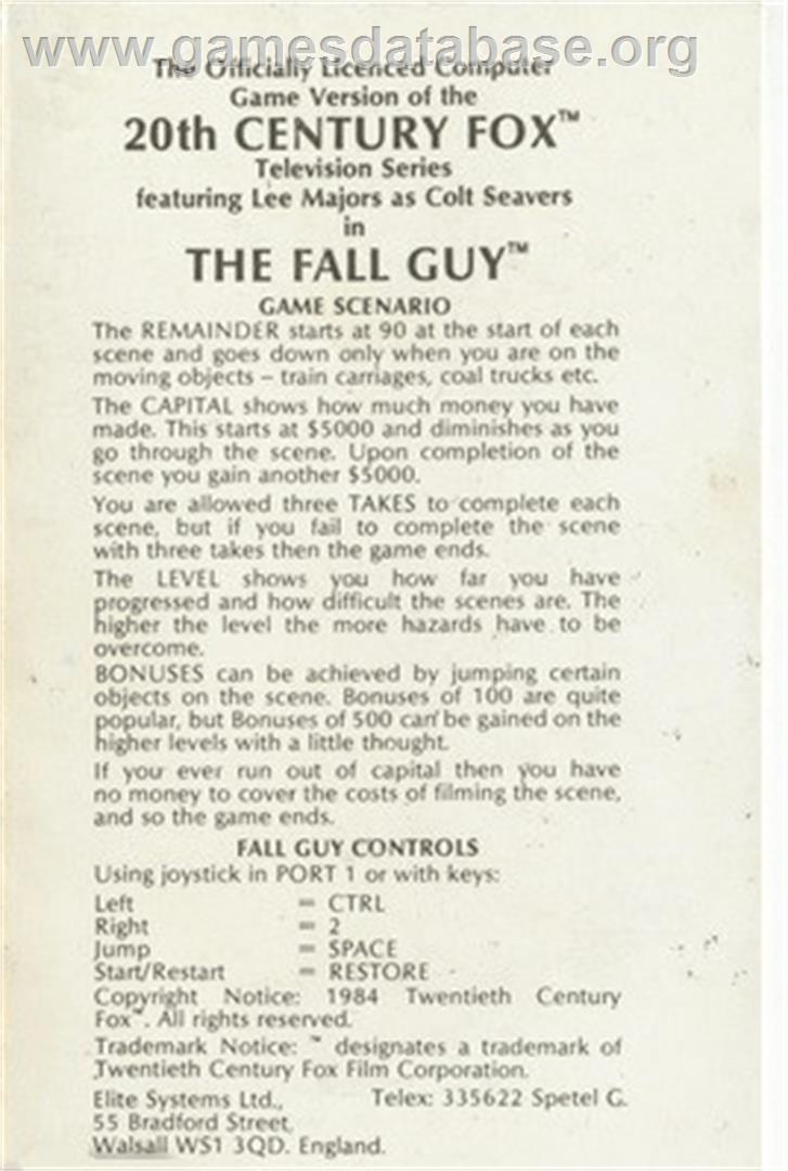 Fall Guy - Commodore 64 - Artwork - Box Back