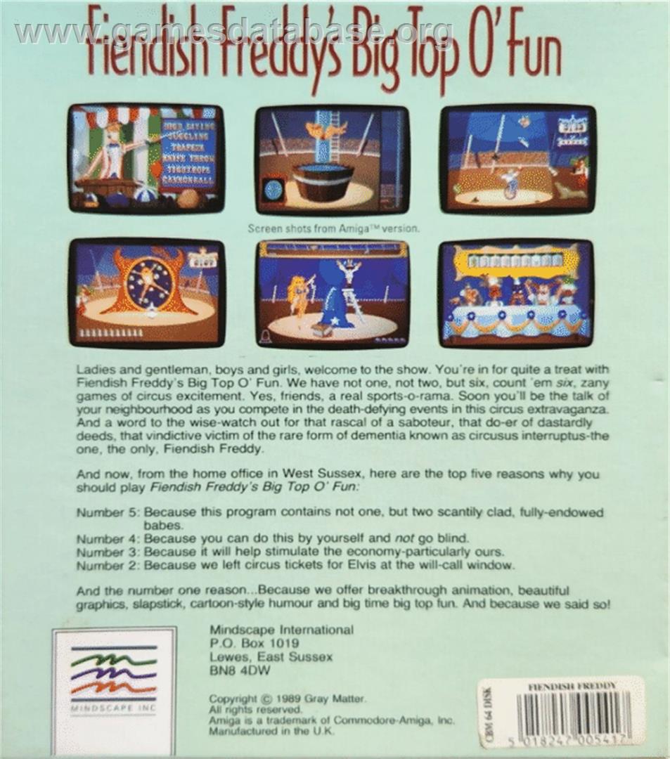 Fiendish Freddy's Big Top O' Fun - Commodore 64 - Artwork - Box Back