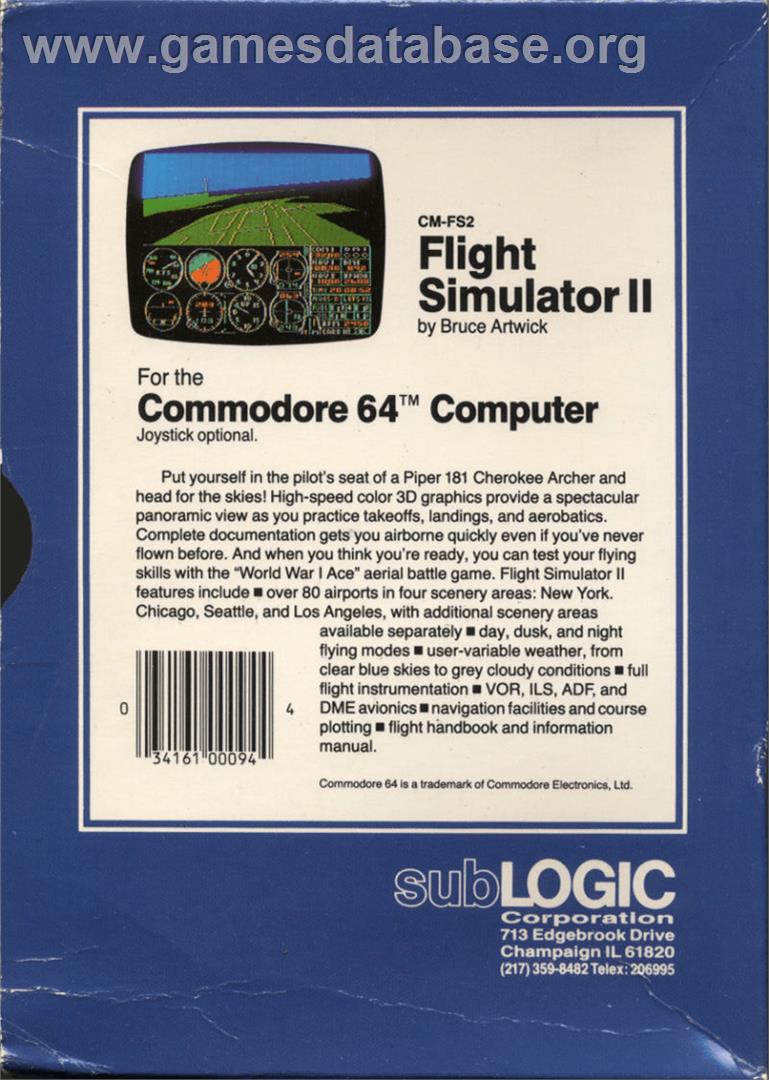 Flight Simulator II - Commodore 64 - Artwork - Box Back