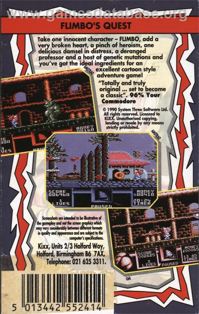 Flimbo's Quest - Commodore 64 - Artwork - Box Back