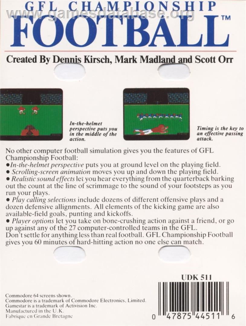GFL Championship Football - Commodore 64 - Artwork - Box Back