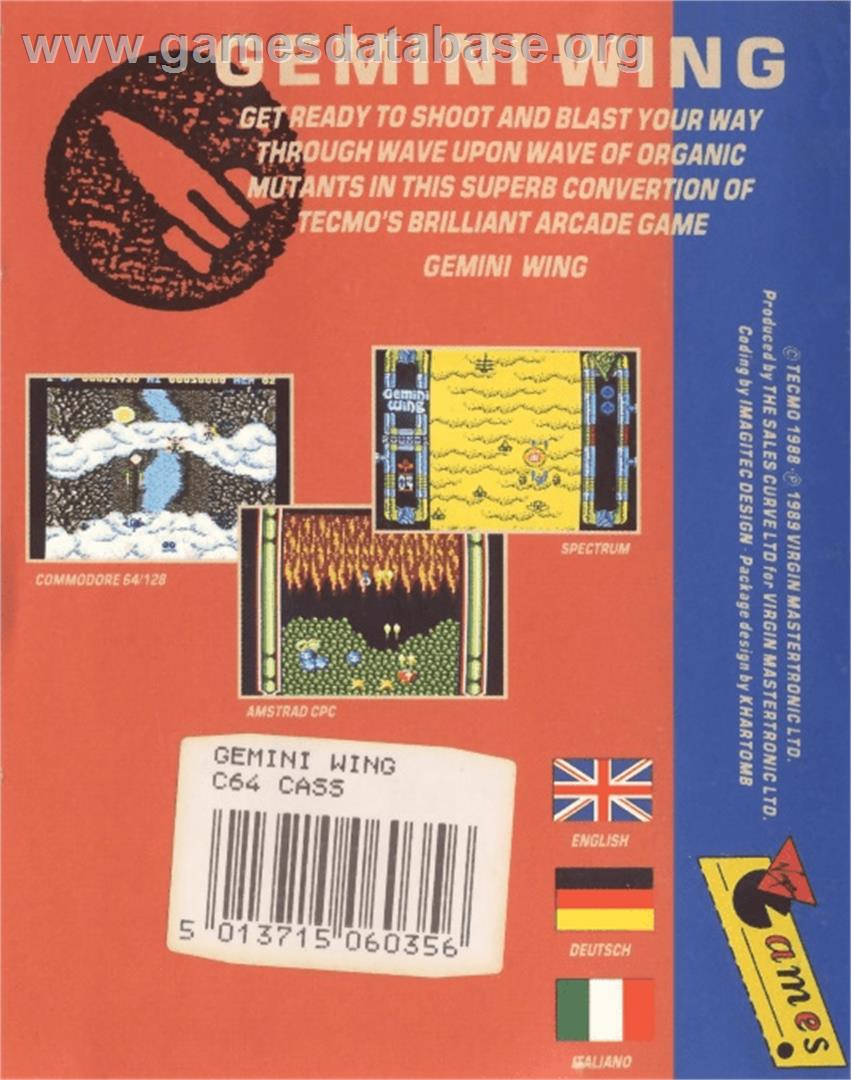 Gemini Wing - Commodore 64 - Artwork - Box Back