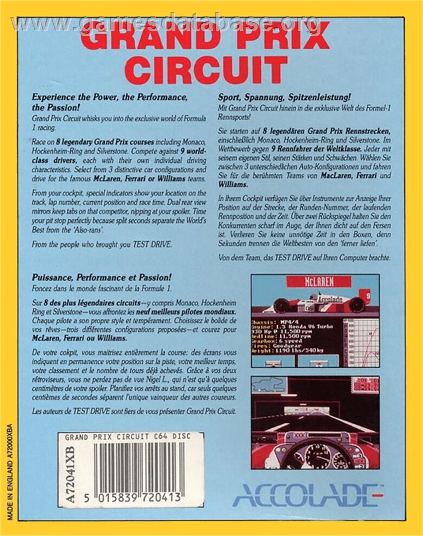 Grand Prix Circuit - Commodore 64 - Artwork - Box Back