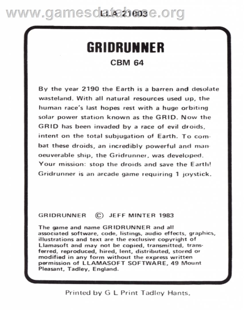Gridrunner - Commodore 64 - Artwork - Box Back