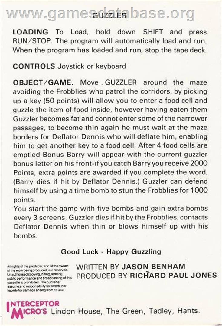 Guzzler - Commodore 64 - Artwork - Box Back