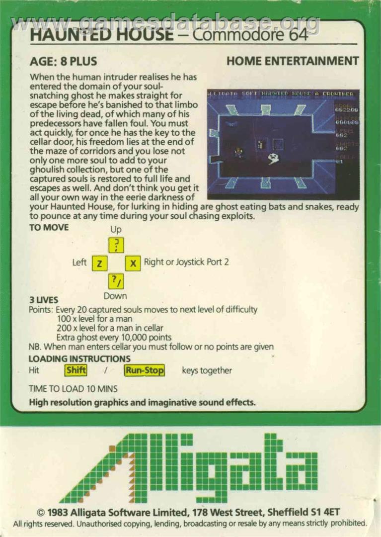 Haunted House (Alligata Software) - Commodore 64 - Artwork - Box Back