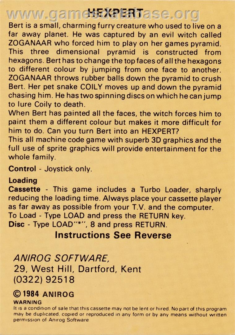 Hexpert - Commodore 64 - Artwork - Box Back