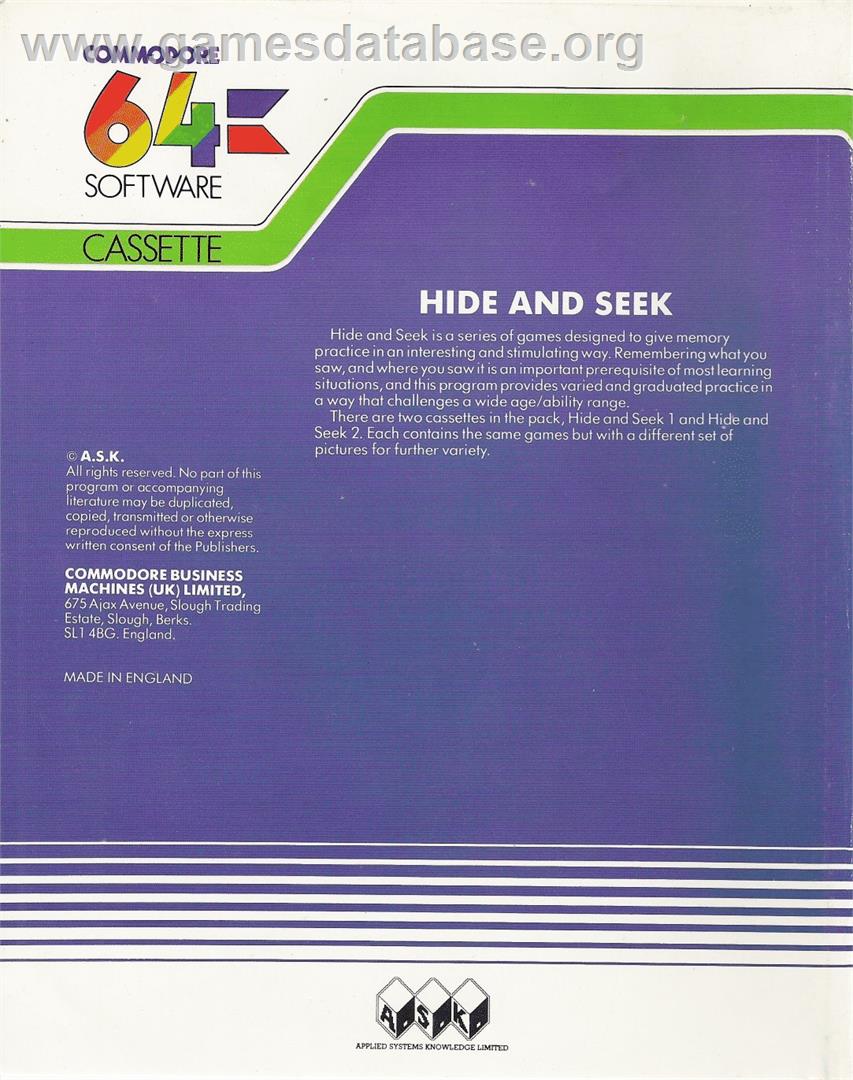 Hide And Seek - Commodore 64 - Artwork - Box Back