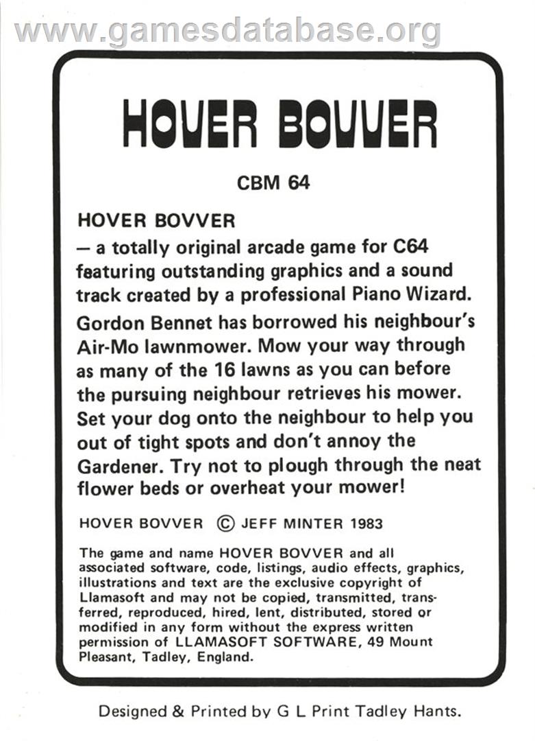 Hover Bovver - Commodore 64 - Artwork - Box Back