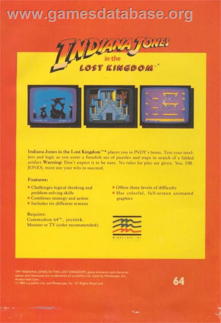 Indiana Jones in the Lost Kingdom - Commodore 64 - Artwork - Box Back