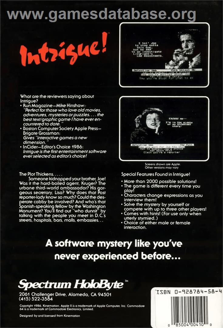 Intrigue! (Spectrum HoloByte) - Commodore 64 - Artwork - Box Back