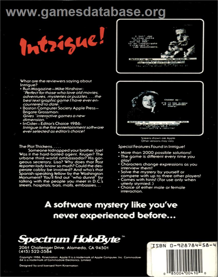 Intrigue! - Commodore 64 - Artwork - Box Back